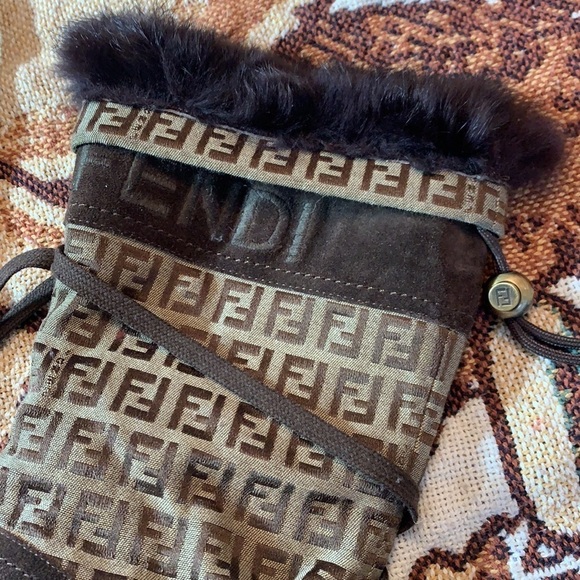 FENDI Logo Wood Platform Fur Lined Brown Winter Boots 37 studded Rare - Picture 6 of 14